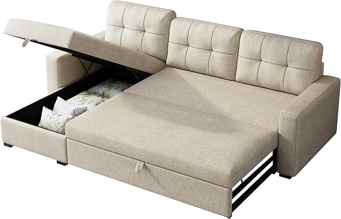 Upholstered Pull Out Sectional Sofa with Storage Chaise,Convertible Linen Corner Couch w/ 3 Movable Back Cushions,L-shaped Reversible Sleeper Sofa Bed,for Living Room Apartment,Beige - LeafyLoom