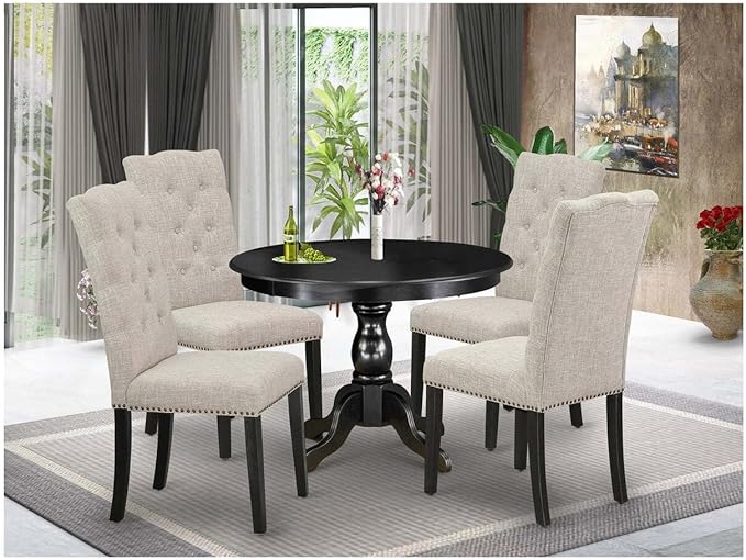 East West Furniture HBEL5-ABK-35 Hartland 5 Piece Kitchen Set Includes a Round Dining Room Table with Pedestal and 4 Doeskin Linen Fabric Upholstered Chairs, 42x42 Inch - LeafyLoom