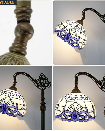 WERFACTORY Tiffany Floor Lamp Navy Blue White Stained Glass Arched Lamp 12X18X64 Inches Gooseneck Adjustable Corner Standing Reading Light Decor Bedroom Living Room S003B Series - LeafyLoom
