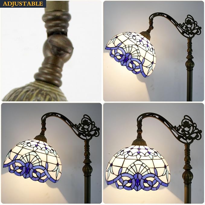 WERFACTORY Tiffany Floor Lamp Navy Blue White Stained Glass Arched Lamp 12X18X64 Inches Gooseneck Adjustable Corner Standing Reading Light Decor Bedroom Living Room S003B Series - LeafyLoom