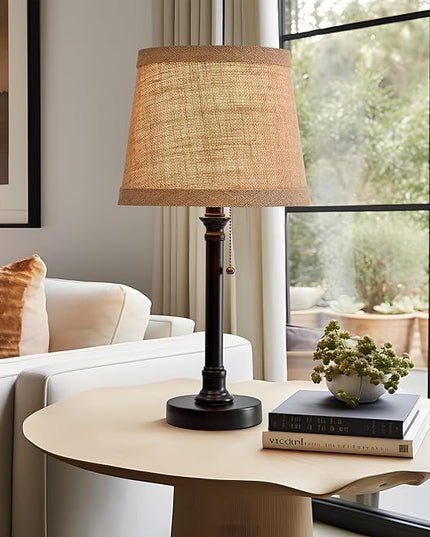 Oneach 19.5" Small Table Lamp for Bedroom - Bedside Lamps for Nightstand, Black Table Lamp for Living Room with Fabric Shade, Desk Reading Lamp for Kids Room Living Room Office Dorm - LeafyLoom