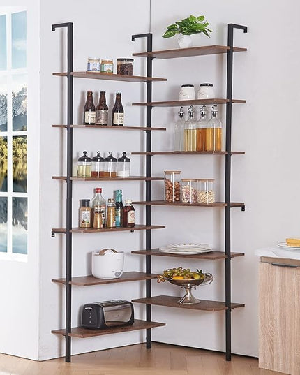 HOMISSUE Corner Bookshelf,12-Tier L Shaped Bookshelf, Double Wide Corner Wall Mount Bookcase with Metal Frame and Wood, Modern Industrial Corner Shelf for Living Room, Kitchen, Home Office Brown - LeafyLoom