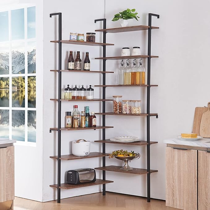 HOMISSUE Corner Bookshelf,12-Tier L Shaped Bookshelf, Double Wide Corner Wall Mount Bookcase with Metal Frame and Wood, Modern Industrial Corner Shelf for Living Room, Kitchen, Home Office Brown - LeafyLoom