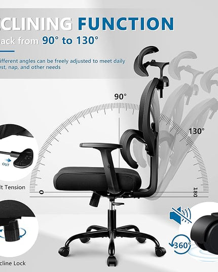 Office Chair Ergonomic Desk Chair Comfy Computer Chair, Big and Tall Home Office Chair with Back Support, Mesh Office Chair High Back Gaming Chair with Adjustable Armrest (Grey) - LeafyLoom