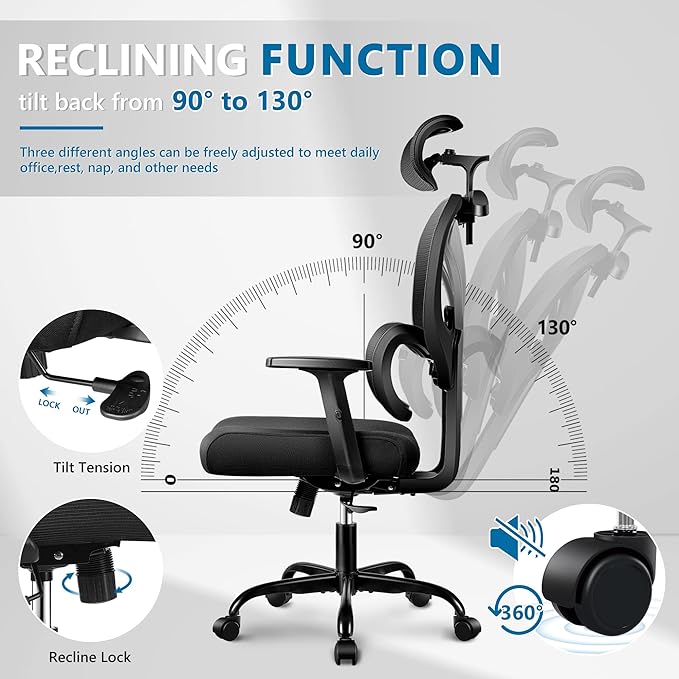 Office Chair Ergonomic Desk Chair Comfy Computer Chair, Big and Tall Home Office Chair with Back Support, Mesh Office Chair High Back Gaming Chair with Adjustable Armrest (Grey) - LeafyLoom