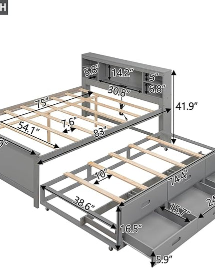 Full Size Platform Bed with Headboard Bookcase, USB Charge, Twin Trundle and 3 Drawers Storage, Wood Captain Bedframe for Bedroom Guest Room, Gray - LeafyLoom