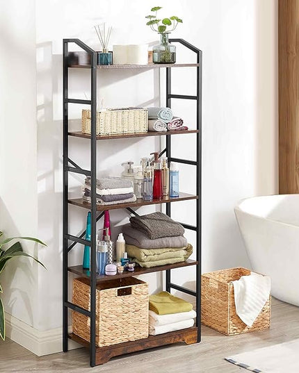 Vagusicc 5 Tier Bookshelf with 2 Storage Baskets, Tall Bookcase Shelf Storage Organizer Wood Book Shelf, Modern Shelf Rack Shelves with Steel Frame, Multipurpose Bookshelf for Bedroom Living Room - LeafyLoom