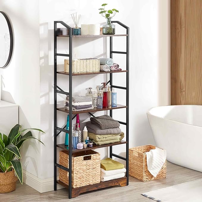 Vagusicc 5 Tier Bookshelf with 2 Storage Baskets, Tall Bookcase Shelf Storage Organizer Wood Book Shelf, Modern Shelf Rack Shelves with Steel Frame, Multipurpose Bookshelf for Bedroom Living Room - LeafyLoom