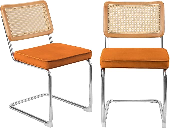 Dining Chair Set of 2, Mid-Century Modern Rattan Dining Chairs with Metal Chrome Legs, Natural Cane Backrest Upholstered for Home Kitchen，Dining Room and Patio, Orange - LeafyLoom