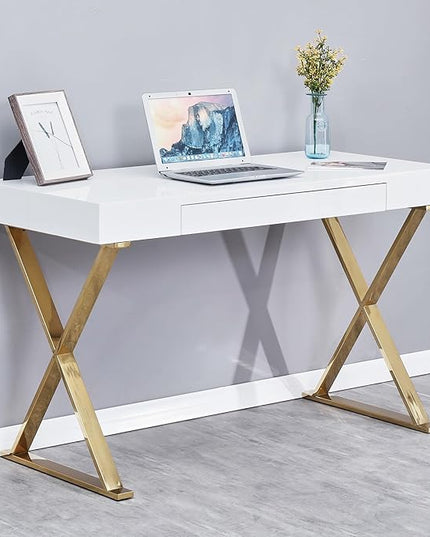 Best Master Furniture Barry Mid-Century High Gloss Home Office Desk with Gold Trim Frame - LeafyLoom