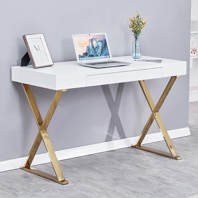 Best Master Furniture Barry Mid-Century High Gloss Home Office Desk with Gold Trim Frame - LeafyLoom