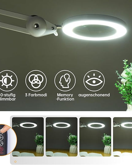 Magnifying Glass with Light and Clamp, Magnifying Lamp with 4.2'' 5X Real Glass Magnifier, 3-Color Dimmable LED Light, Premium Swing Arm Hands Free for Estheticians Crafts Hobbies Arts - LeafyLoom