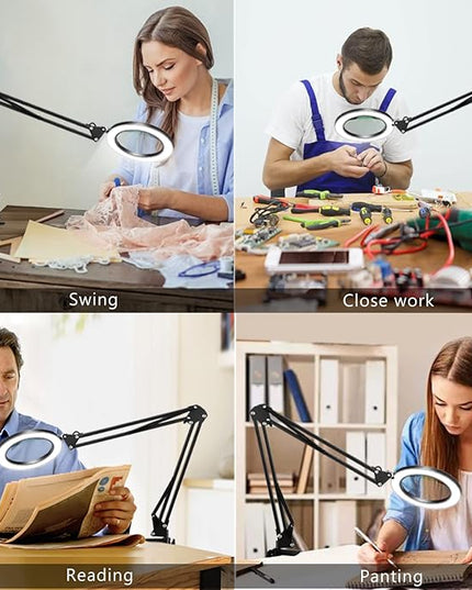 8X Magnifying Glass with Light, 5 Inches Real Glass Lens LED Desk Lamp with Clamp, 3 Color Modes Stepless Dimmable Lighted Magnifier with Light and Stand for Reading Crafts Repair Close Works - Black - LeafyLoom