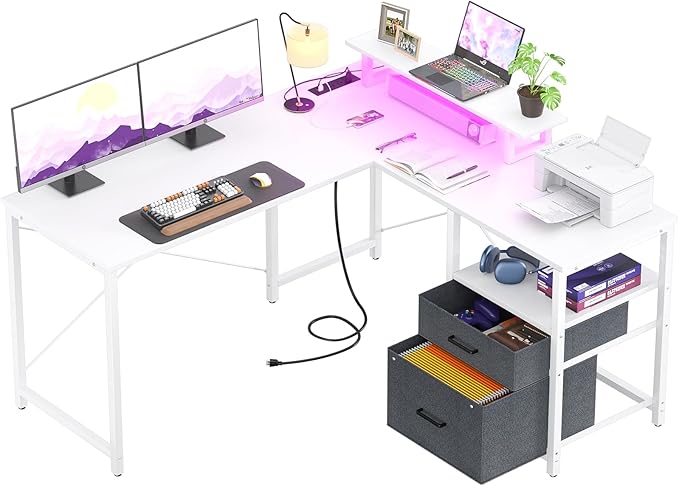 Homieasy L Shaped Computer Desk with Storage File Drawer, Reversible Home Office Desk with Recessed Power Strip and Led Strip, Corner Gaming Desk Work Study Table with Monitor Stand, White - LeafyLoom