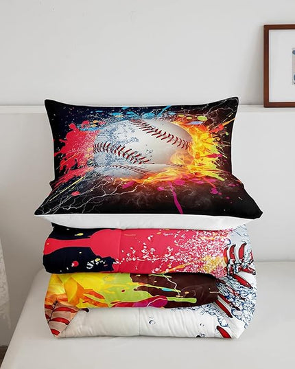 Baseball Queen Comforter Set For Boys,Tie Dye Baseball Sports Bedding Set Red Blue Fire Water Lightning Duvet Insert For All Season,Sports Baseball Quilt Soft Lightweight Bedroom Decor 2 Pillow Cases - LeafyLoom