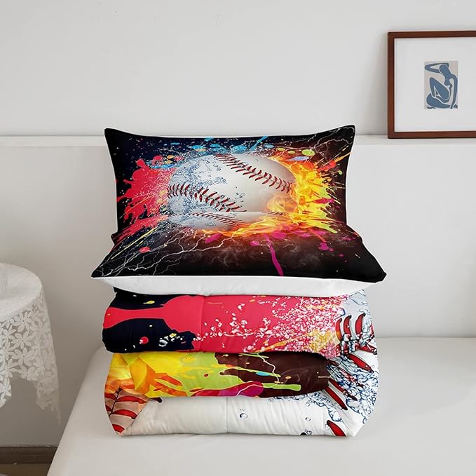 Baseball King Comforter Set For Boys,Tie Dye Baseball Sports Bedding Set Red Blue Fire Water Lightning Duvet Insert For All Season,Sports Baseball Quilt Soft Lightweight Bedroom Decor 2 Pillow Cases - LeafyLoom