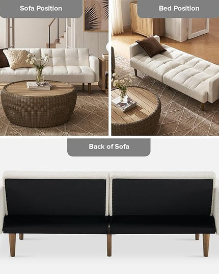 mopio Aaron Couch, Small Sofa, Futon, Sofa Bed, Sleeper Sofa, Loveseat, Mid Century Modern Futon Couch, Sofa Cama, Couches for Living Room, Bedroom (Pearl White, Boucle) - LeafyLoom