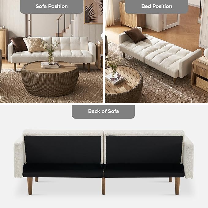 mopio Aaron Couch, Small Sofa, Futon, Sofa Bed, Sleeper Sofa, Loveseat, Mid Century Modern Futon Couch, Sofa Cama, Couches for Living Room, Bedroom (Pearl White, Boucle) - LeafyLoom