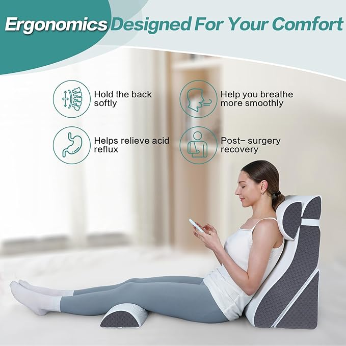 Adjustable 4pcs Bed Wedge Pillow Set, Post Surgery 100% Memory Foam for Back, Neck, Leg Pain Relief, Sitting Pillow for Acid Reflux and GERD, Comfortable Pillows for Sleeping Gray - LeafyLoom