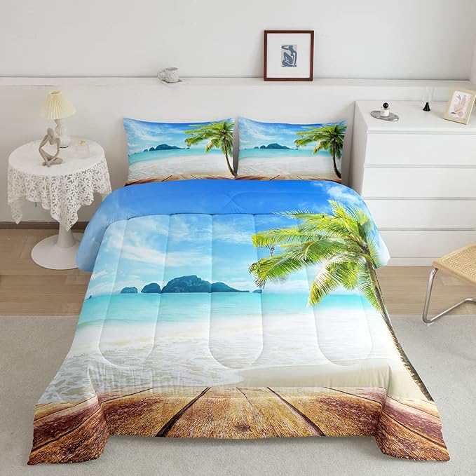 Beach Comforter Set Twin Size Ocean Bedding Set Tropical Palm Tree Hawaii Ocean Duvet Set Sunny Beach Coastal Nature Theme Duvet Set Sea Wave Mountain Brown Wooden Comforter Set 1 Pillowcase, Blue - LeafyLoom
