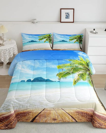 Beach Comforter Set Queen Size Ocean Bedding Set Tropical Palm Tree Hawaii Ocean Duvet Set Sunny Beach Coastal Nature Theme Duvet Set Sea Wave Mountain Brown Wooden Comforter Set 2 Pillowcases, Blue - LeafyLoom