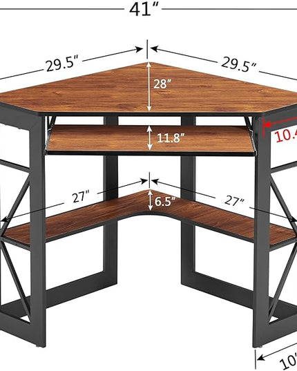VECELO Corner Computer Desk Writing Smooth Keyboard Tray & Storage Shelves,Compact Home Office Triangle Table, Teak Brown - LeafyLoom