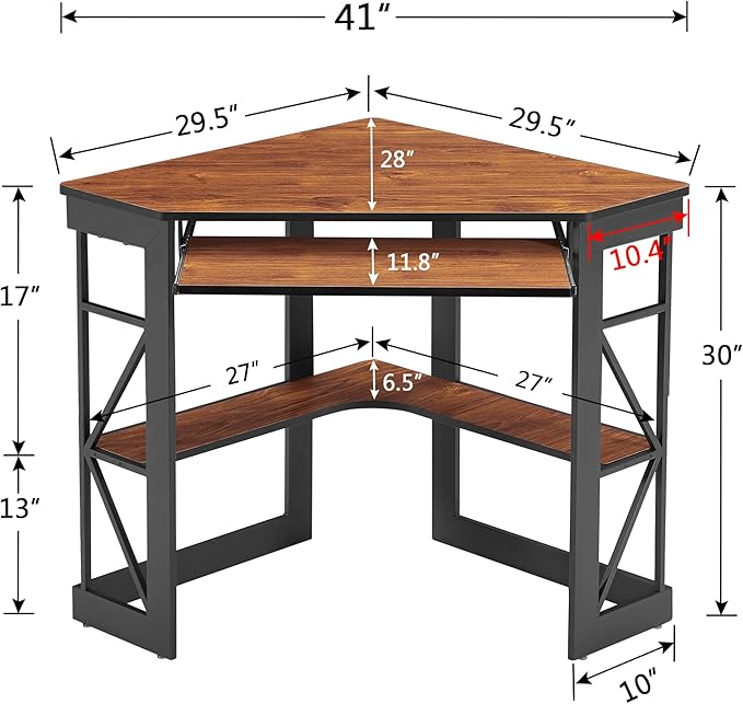 VECELO Corner Computer Desk Writing Smooth Keyboard Tray & Storage Shelves,Compact Home Office Triangle Table, Teak Brown - LeafyLoom
