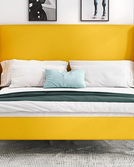 Allewie Full Size Bed Frame, Platform Bed Frame with Upholstered Headboard, Modern Deluxe Wingback, Wood Slat Support, Mattress Foundation, Light Yellow - LeafyLoom