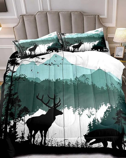 LUVIVIHOME 3PCS Black Bear Deer Comforter Set Queen Size, Rustic Cabin Bedding, Teal Mountain Pine Tree Forest Animals Wildlife Hunting Lodge Quilt, Country Farmhouse Bedroom Decor, 2 Pillow Shams - LeafyLoom