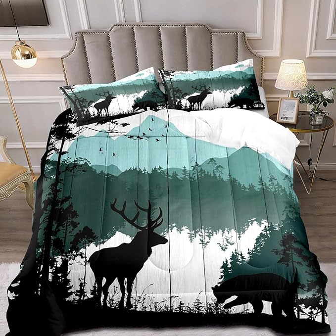 LUVIVIHOME 3PCS Black Bear Deer Comforter Set Queen Size, Rustic Cabin Bedding, Teal Mountain Pine Tree Forest Animals Wildlife Hunting Lodge Quilt, Country Farmhouse Bedroom Decor, 2 Pillow Shams - LeafyLoom