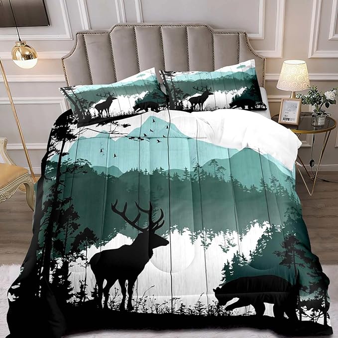 LUVIVIHOME 3PCS Black Bear Deer Comforter Set King Size, Rustic Cabin Bedding, Teal Mountain Pine Tree Forest Animals Wildlife Hunting Lodge Quilt, Country Farmhouse Bedroom Decor, 2 Pillow Shams - LeafyLoom