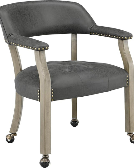 Dining Chairs with Casters and Arms, Large Rolling Dining Chairs with Wheels, Wood Boss Caption's Chairs, 26" D x 25.2" W x 31.5" H, Grey Legs & Dark Grey Fabric SY-1318-GY - LeafyLoom