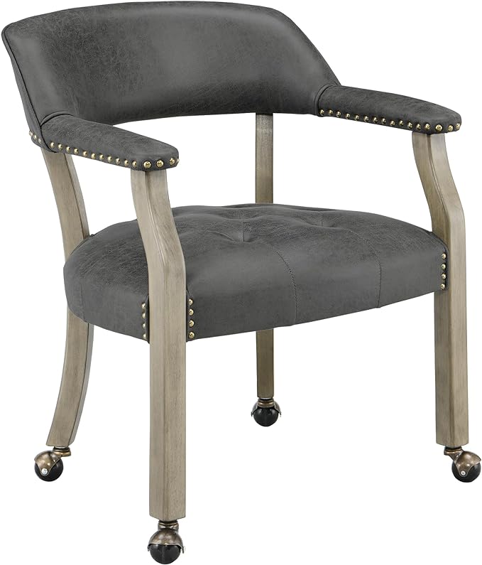 Dining Chairs with Casters and Arms, Large Rolling Dining Chairs with Wheels, Wood Boss Caption's Chairs, 26" D x 25.2" W x 31.5" H, Grey Legs & Dark Grey Fabric SY-1318-GY - LeafyLoom