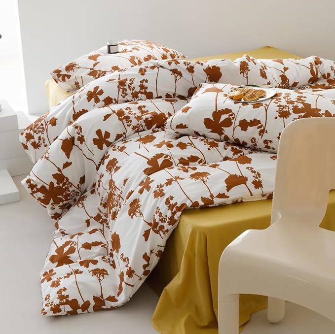 Botanical Comforter Queen White Pumpkin Floral Plant Bedding Comforter Set Girls Garden Pattern Printed on White Blanket Rustic Leaf Blossom Women White Farmhouse Comforter Queen - LeafyLoom