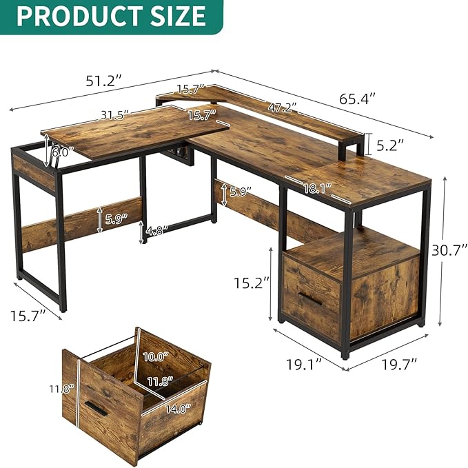 YITAHOME L Shaped Desk with Lift Top, 65" Adjustable Standing Desk with File Drawer, Corner Computer Desk with Storage Shelves,Home Office Desk, Rustic Brown - LeafyLoom
