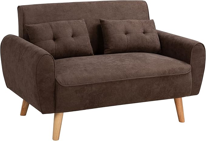Shintenchi 47" Loveseat Wood Sofa, Brown, Easy Assembly, Comfortable Cushions - LeafyLoom