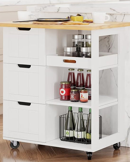 Shintenchi Kitchen Island Cart with Storage,Rolling Kitchen Island Storage Cabinet,Side Table on Wheels with Worktop,3 Open Shelves and 3 Drawers for Kitchen,Dinning Room, White - LeafyLoom