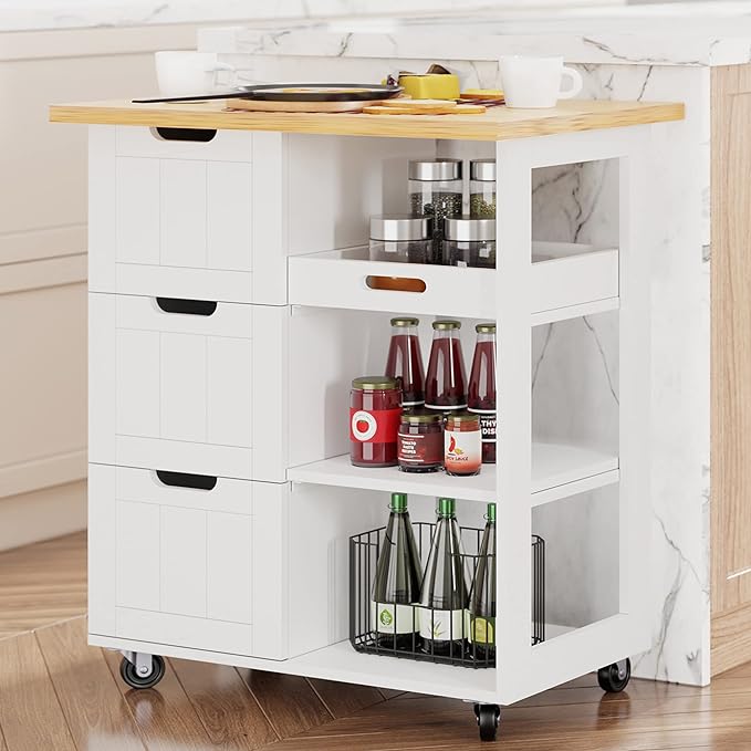 Shintenchi Kitchen Island Cart with Storage,Rolling Kitchen Island Storage Cabinet,Side Table on Wheels with Worktop,3 Open Shelves and 3 Drawers for Kitchen,Dinning Room, White - LeafyLoom