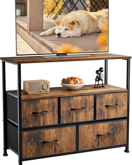 ANTONIA TV Stand Dresser for Bedroom with 5 Fabric Drawer, Entertainment Center for 45 inch Television, Media Console Table with Storage, Open Shelf, Adjustable Feet, Living Room Furniture, Brown - LeafyLoom