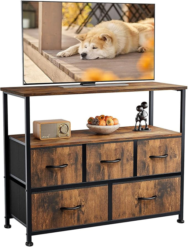 ANTONIA TV Stand Dresser for Bedroom with 5 Fabric Drawer, Entertainment Center for 45 inch Television, Media Console Table with Storage, Open Shelf, Adjustable Feet, Living Room Furniture, Brown - LeafyLoom