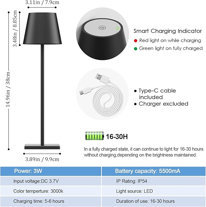 4-Pack LED Cordless Table Lamp, Rechargeable Battery Desk lamp 3W 6000mAh Battery Operated Stepless Dimming Modern Portable Table Light for Restaurant/Dinner/Bedroom/Outdoor IP54 Waterproof (Black) - LeafyLoom