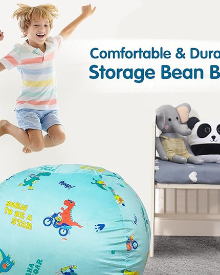Lukeight Stuffed Animal Storage Bean Bag Chair Cover for Kids, Dinosaur Zipper Beanbag Chair Cover for Organizing Toddler & Kids' Rooms Plush Toys (Dino Blue, Large) - LeafyLoom