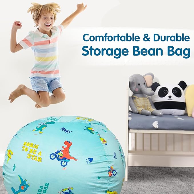 Lukeight Stuffed Animal Storage Bean Bag Chair Cover for Kids, Dinosaur Zipper Beanbag Chair Cover for Organizing Toddler & Kids' Rooms Plush Toys (Dino Blue, Large) - LeafyLoom
