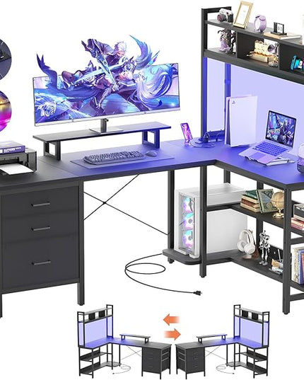 Aheaplus L Shaped Desk with Hutch, Gaming Desk with Led Lights, Reversible Computer Desk with Power Outlet, Corner Desk with File Drawer & Monitor Stand, Storage Shelves for Home Office, Black - LeafyLoom