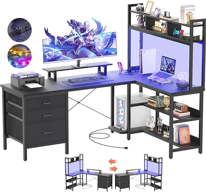 Aheaplus L Shaped Desk with Hutch, Gaming Desk with Led Lights, Reversible Computer Desk with Power Outlet, Corner Desk with File Drawer & Monitor Stand, Storage Shelves for Home Office, Black - LeafyLoom