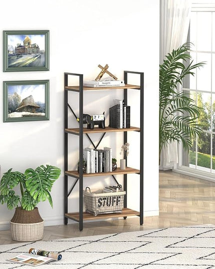 BON AUGURE Industrial 4 Tier Bookshelf, Modern Open Shelving Unit Book Shelves, Heavy Duty Etagere Bookcase, Wood Metal 4 Shelf Book Case for Office, Living Room and Bedroom (Vintage Oak) - LeafyLoom
