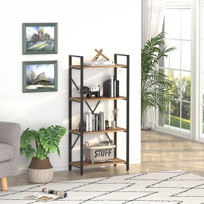 BON AUGURE Industrial 4 Tier Bookshelf, Modern Open Shelving Unit Book Shelves, Heavy Duty Etagere Bookcase, Wood Metal 4 Shelf Book Case for Office, Living Room and Bedroom (Vintage Oak) - LeafyLoom