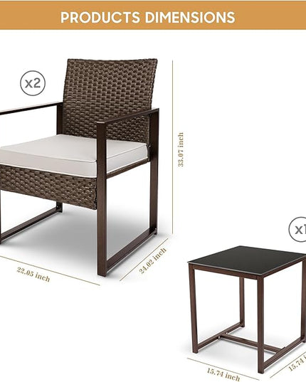 YIYAN Patio Furniture Set 3 Pieces Outdoor Rattan Chair Wicker Sofa Garden Conversation Bistro Sets with Coffee Table,Comfortable Washable Cushions (White) - LeafyLoom