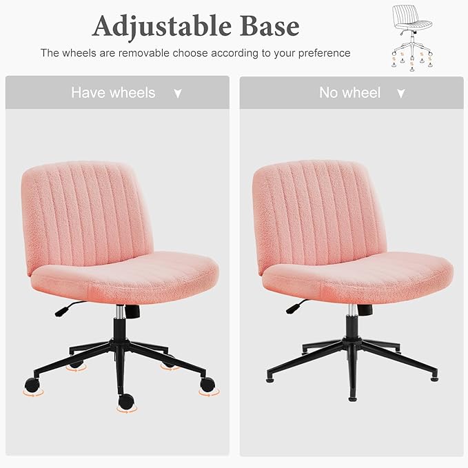 Sweetcrispy Criss Cross Chair Legged, Armless Office Desk Chair with Wheels, Swivel Vanity Chair, Height Adjustable Wide Seat Computer Task Chair, Fabric Vanity Modern Home Chair Pink - LeafyLoom
