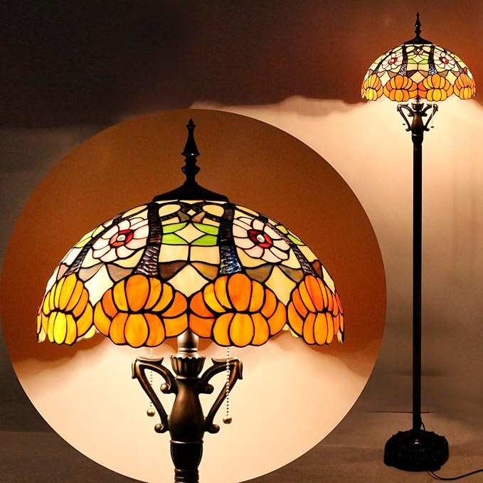 Tiffany Floor Lamp Stained Glass Standing Reading Lamp 16X16X66 Inches Antique Pole Corner Light for Bedroom Living Room Home Office (Yellow Flowers) - LeafyLoom